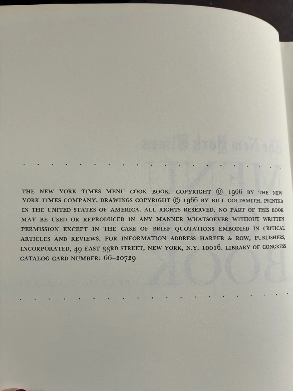 The New York Times Menu Cook Book by Craig Claiborne 1966 First Edition